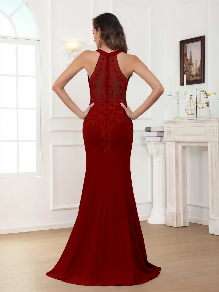 Robes Mère De La Mariée En Mousseline À Licou Dentelle Appliqués Nolwenn – Image 6