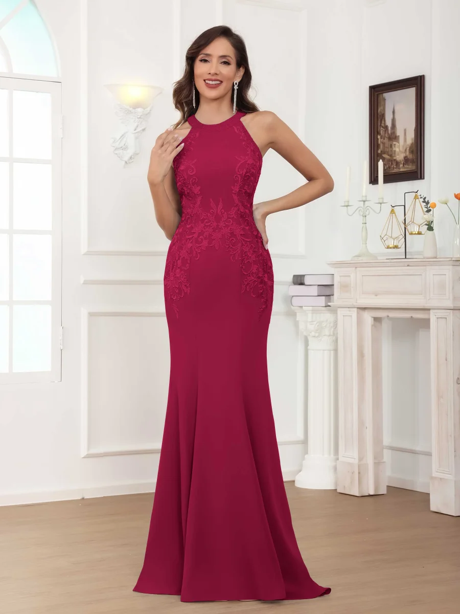 Robes Mère De La Mariée En Mousseline À Licou Dentelle Appliqués Nolwenn – Image 3