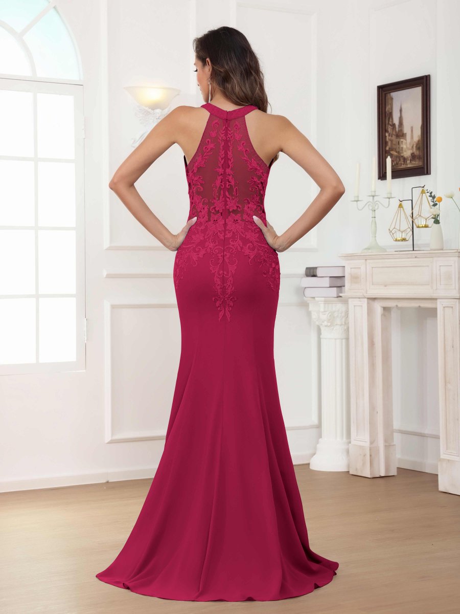 Robes Mère De La Mariée En Mousseline À Licou Dentelle Appliqués Nolwenn – Image 4