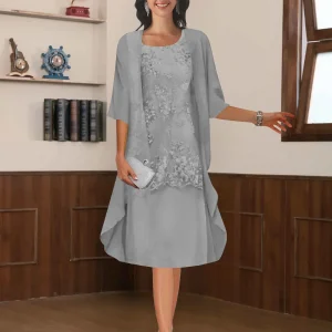 Robes Mère De La Mariée En Mousseline À Moderne Deux pièces Col Rond Longueur Aux Genoux Rhosyn