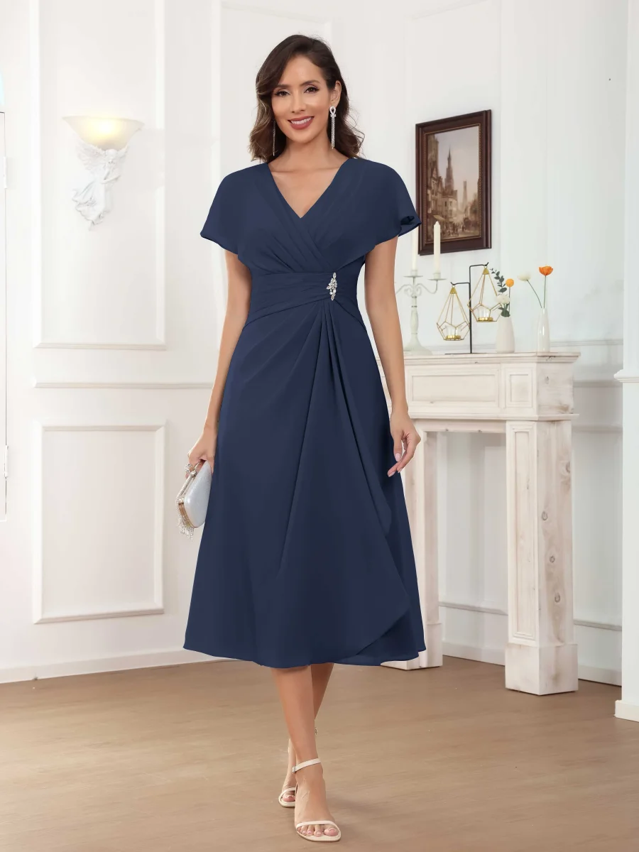 Robes Mère De La Mariée En Mousseline À Perles Ruché Midi Phaedra – Image 8