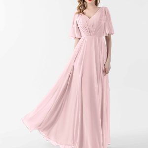 Robes Mère De La Mariée En Mousseline À Manches Courtes Et Col V Sara