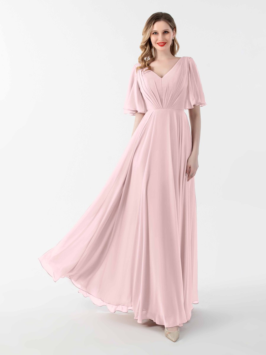 Robes Mère De La Mariée En Mousseline À Manches Courtes Et Col V Sara – Image 2