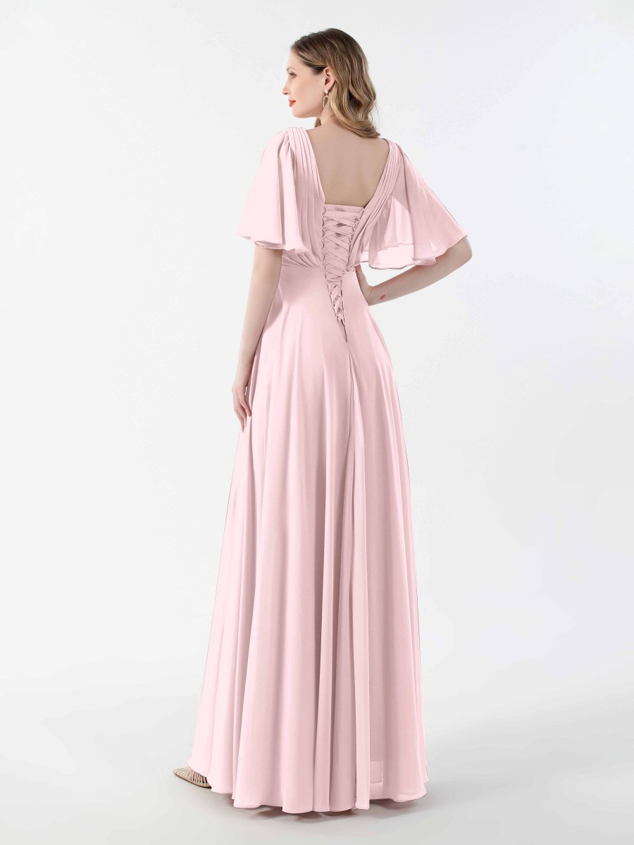 Robes Mère De La Mariée En Mousseline À Manches Courtes Et Col V Sara – Image 3