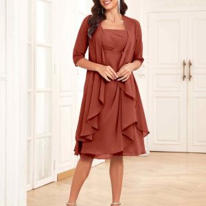 Robes Mère De La Mariée En Mousseline À Longueur Aux Genoux Deux Pièces Saylor