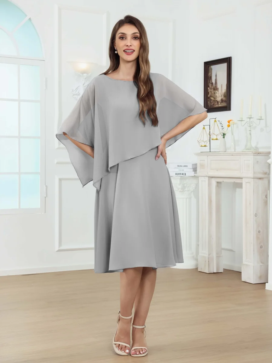 Robes Mère De La Mariée En Mousseline À Tendances A-ligne Col Rond Longueur Aux Genoux Nephele – Image 4