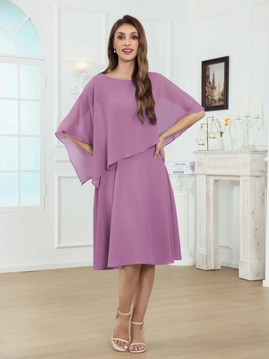 Robes Mère De La Mariée En Mousseline À Tendances A-ligne Col Rond Longueur Aux Genoux Nephele