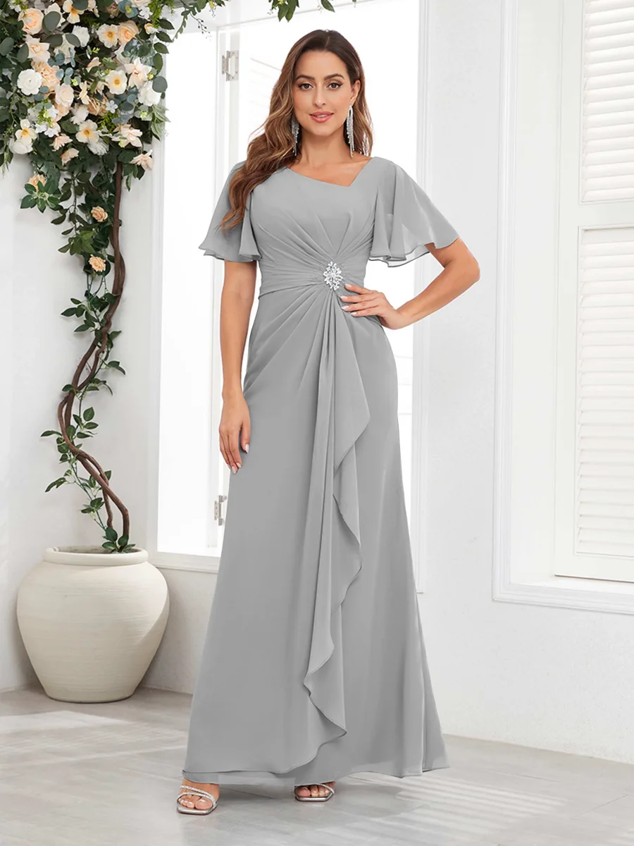 Robes Mère De La Mariée En Mousseline À Volants Col V Manches Courtes Wrenley – Image 7