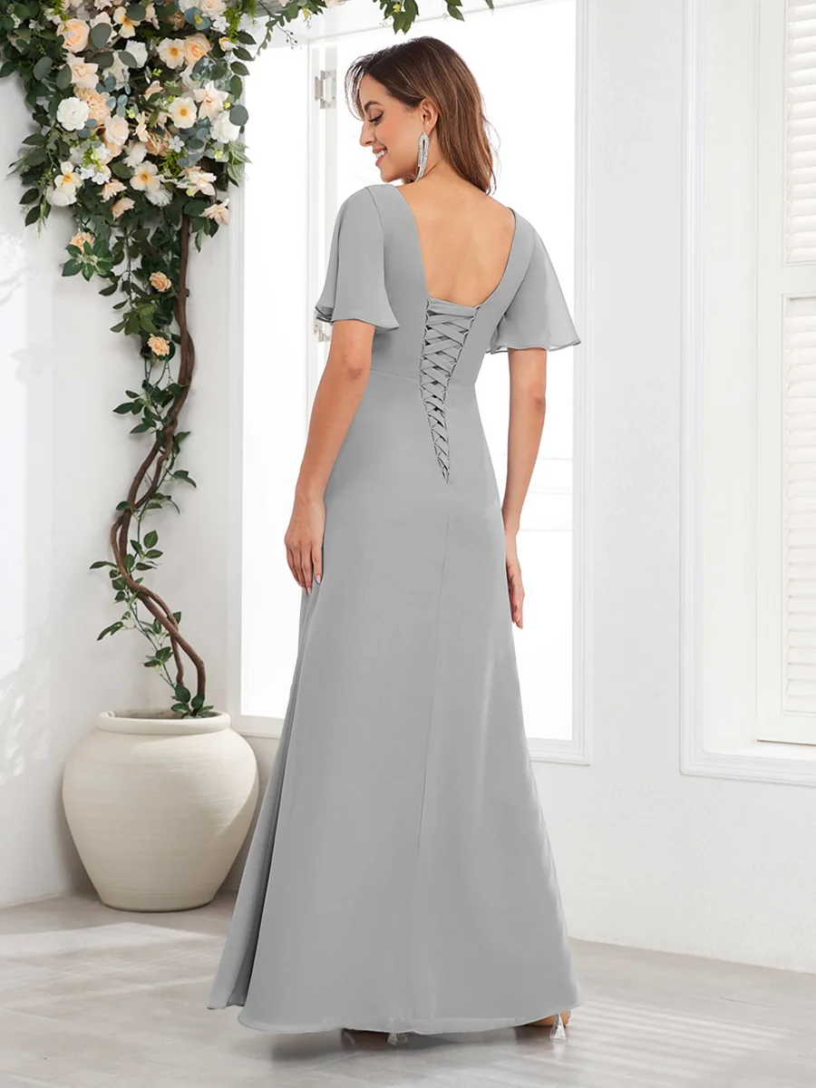 Robes Mère De La Mariée En Mousseline À Volants Col V Manches Courtes Wrenley – Image 9