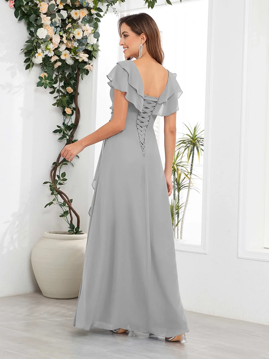 Robes Mère De La Mariée En Mousseline À Volants Longueur Au Sol Col V Meadow – Image 6