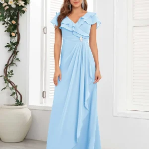 Robes Mère De La Mariée En Mousseline À Volants Longueur Au Sol Col V Meadow