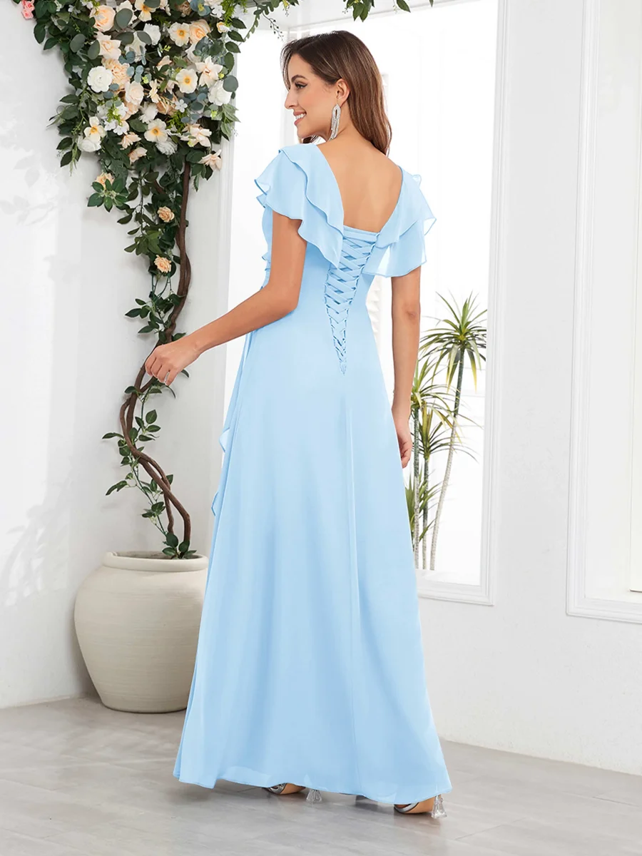 Robes Mère De La Mariée En Mousseline À Volants Longueur Au Sol Col V Meadow – Image 3