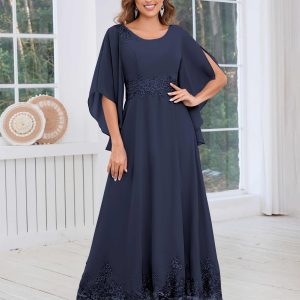 Robes Mère De La Mariée En Mousseline À Col Rond Appliqués Manches Fendues Briar