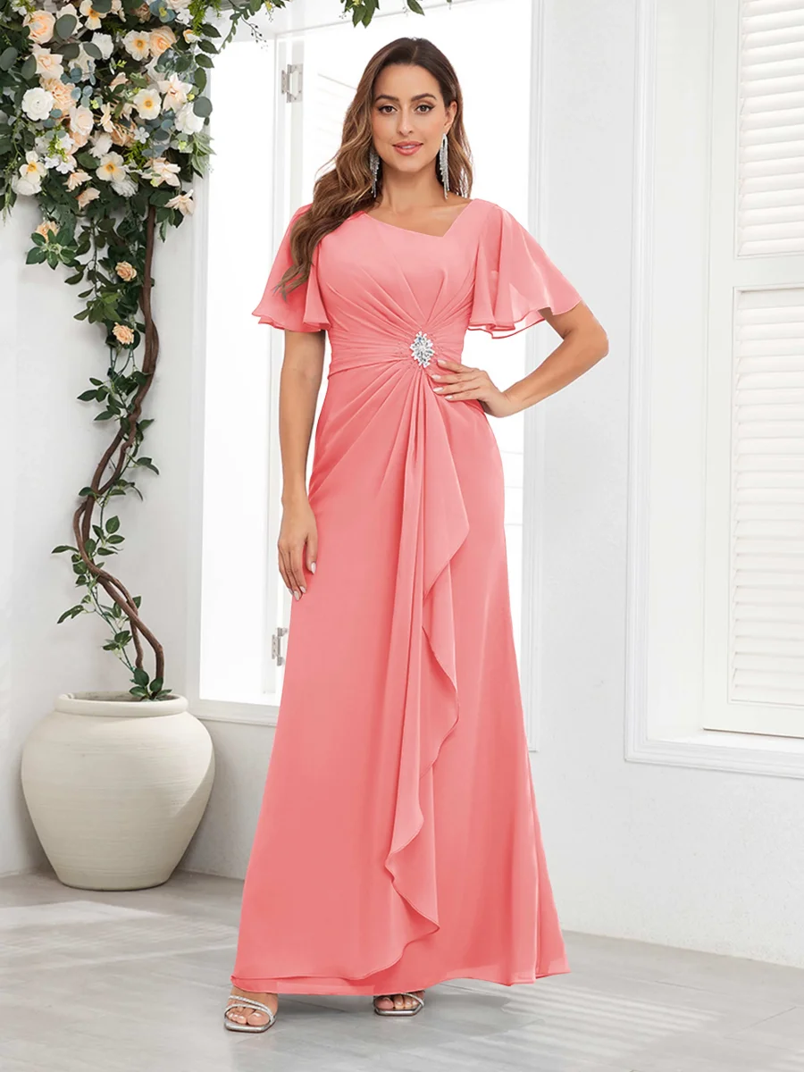 Robes Mère De La Mariée En Mousseline À Volants Col V Manches Courtes Wrenley – Image 5