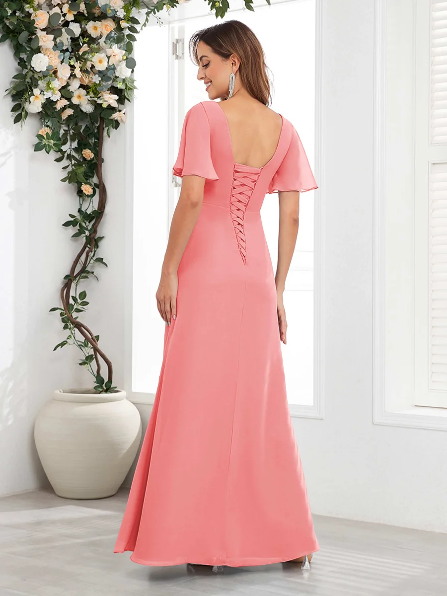 Robes Mère De La Mariée En Mousseline À Volants Col V Manches Courtes Wrenley – Image 6