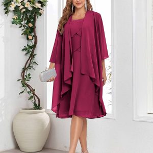 Robes Mère De La Mariée En Mousseline À Deux Pièces Longueur Aux Genoux Saige