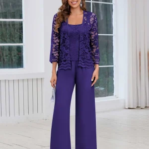 Tailleur-pantalon Mère De La Mariée En Mousseline À Dentelle 3 Pièces Maddison