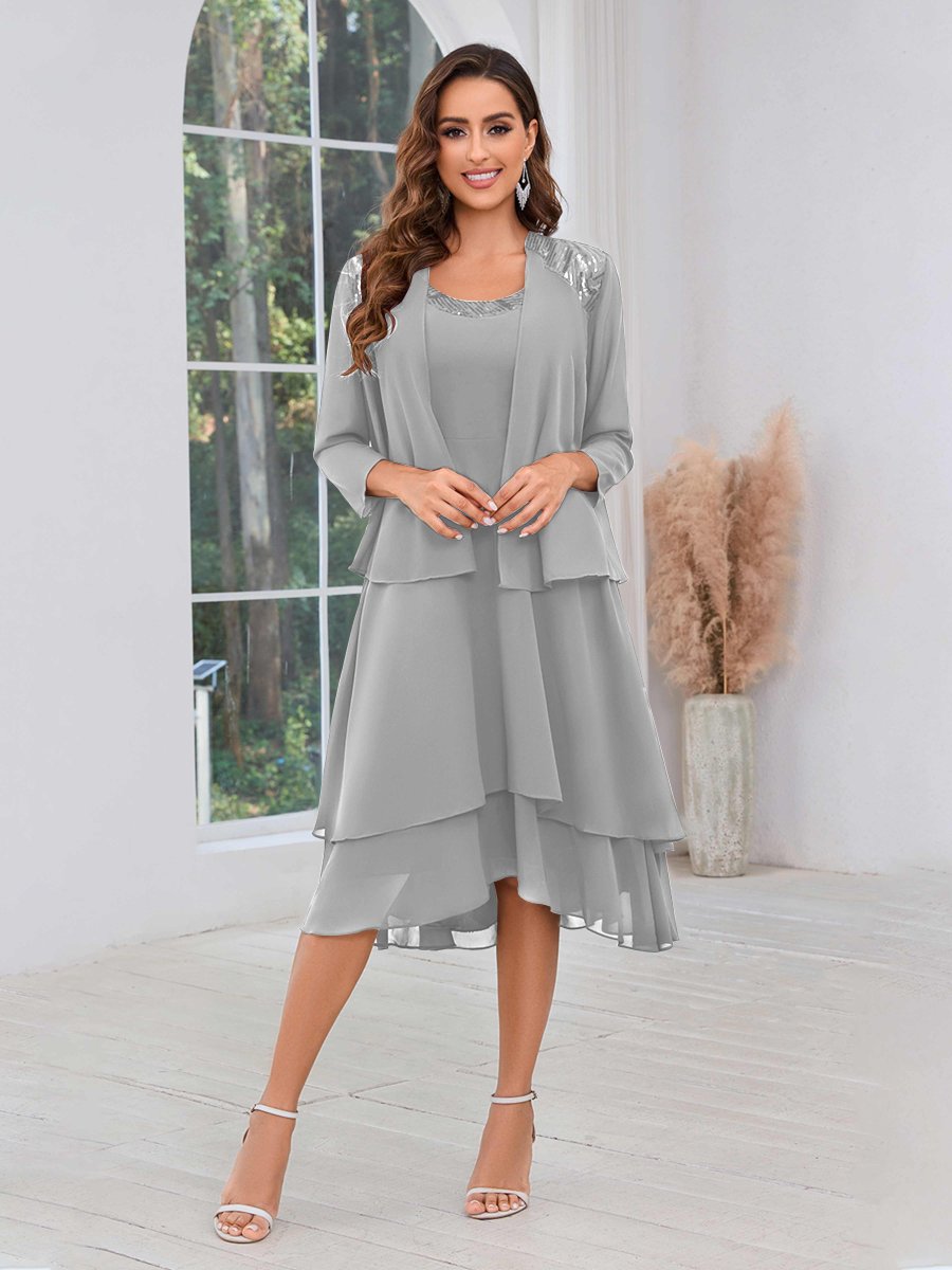 Robes Mère De La Mariée En Mousseline Midi À Perles Deux Pièces Leona – Image 7