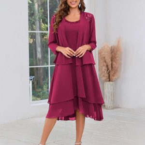 Robes Mère De La Mariée En Mousseline Midi À Perles Deux Pièces Leona