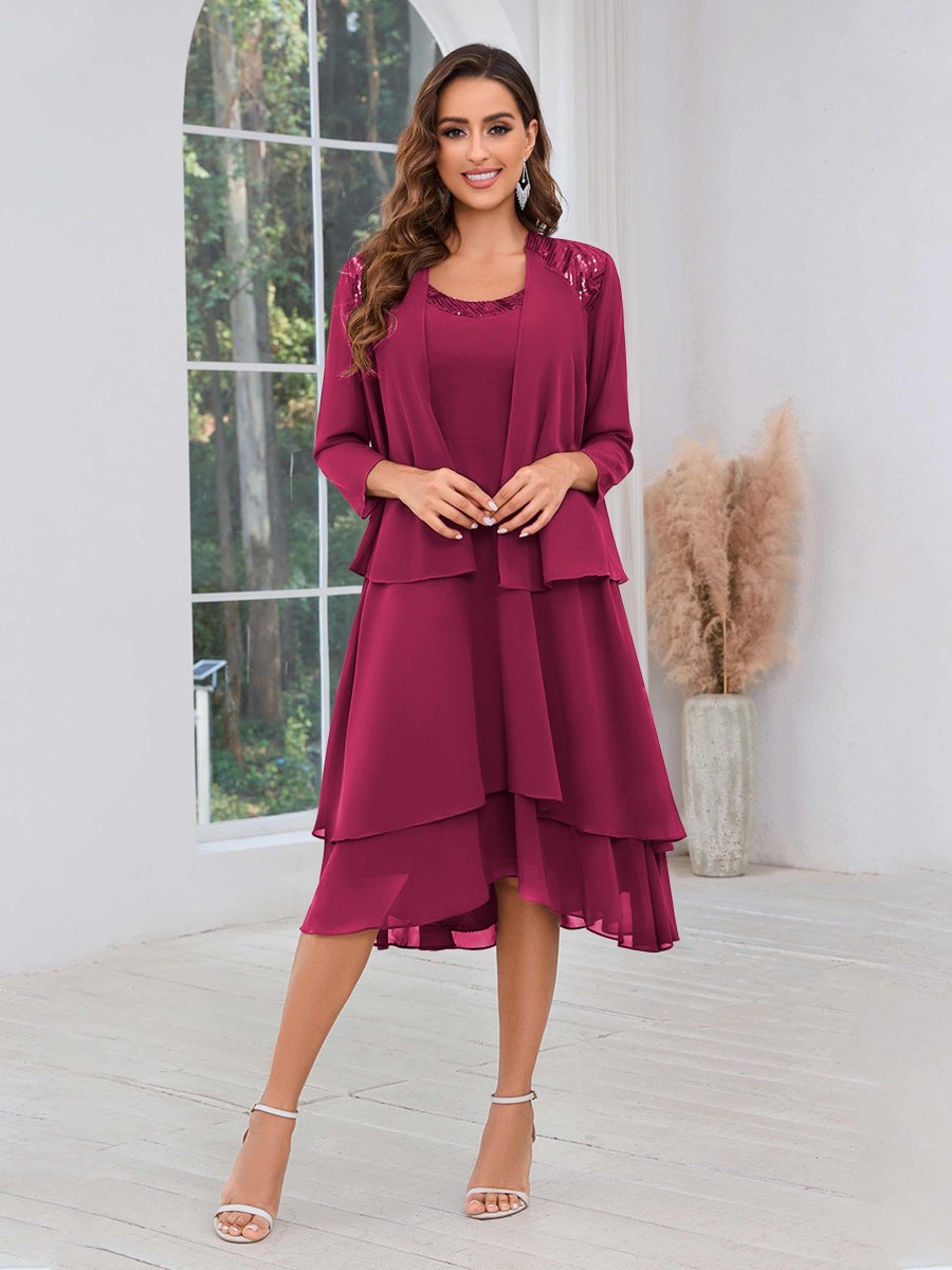 Robes Mère De La Mariée En Mousseline Midi À Perles Deux Pièces Leona – Image 2