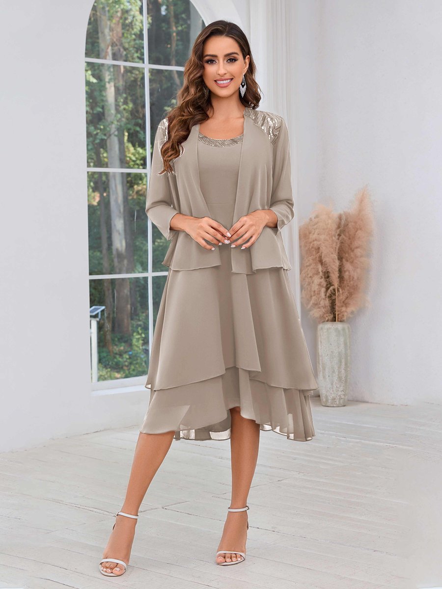 Robes Mère De La Mariée En Mousseline Midi À Perles Deux Pièces Leona – Image 5