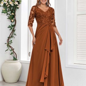 Robes Mère De La Mariée En Mousseline À Demi Manches Dentelle Ruché Mae