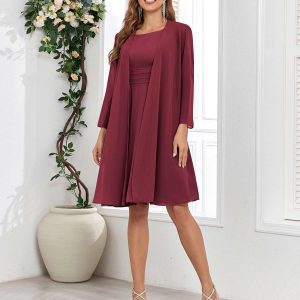 Robes Mère De La Mariée En Mousseline À Deux Pièces Ruché Longueur Aux Genoux Adley