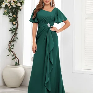 Robes Mère De La Mariée En Mousseline À Volants Col V Manches Courtes Wrenley