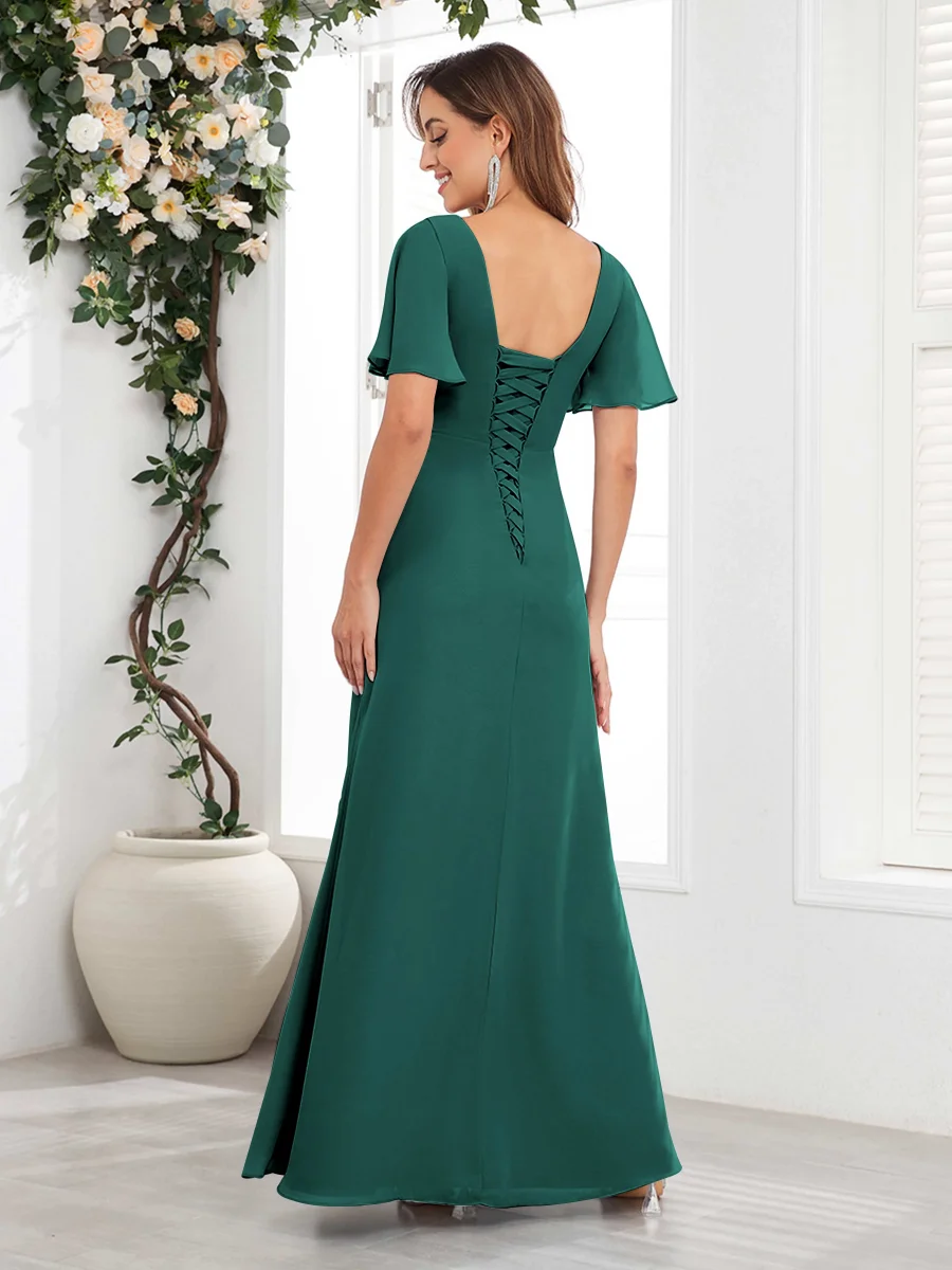 Robes Mère De La Mariée En Mousseline À Volants Col V Manches Courtes Wrenley – Image 4