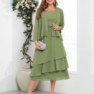 Robes Mère De La Mariée En Mousseline À Deux Pièces Col Rond Midi Salem