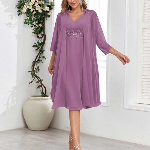 Robes Mère De La Mariée En Mousseline À Col V Deux Pièces Dentelle Kinley