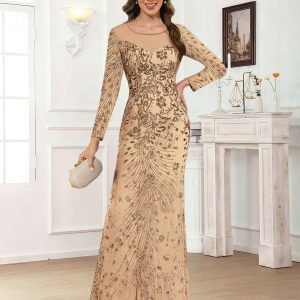 Robes Mère De La Mariée En Paillete À Col Rond Manches Longues Longueur Au Sol Vraelara