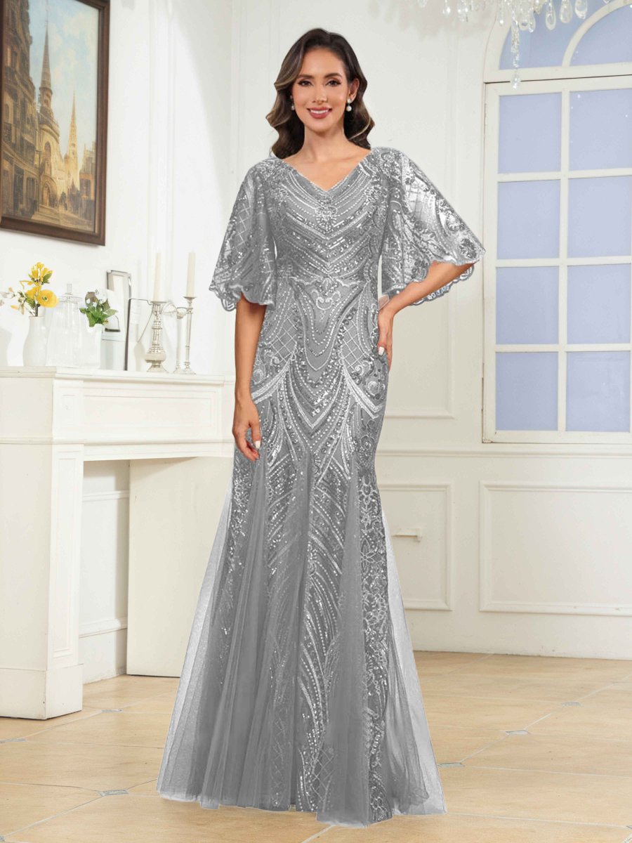 Robes Mère De La Mariée En Pailleté À Col V Manches Évasée Ilaria – Image 5