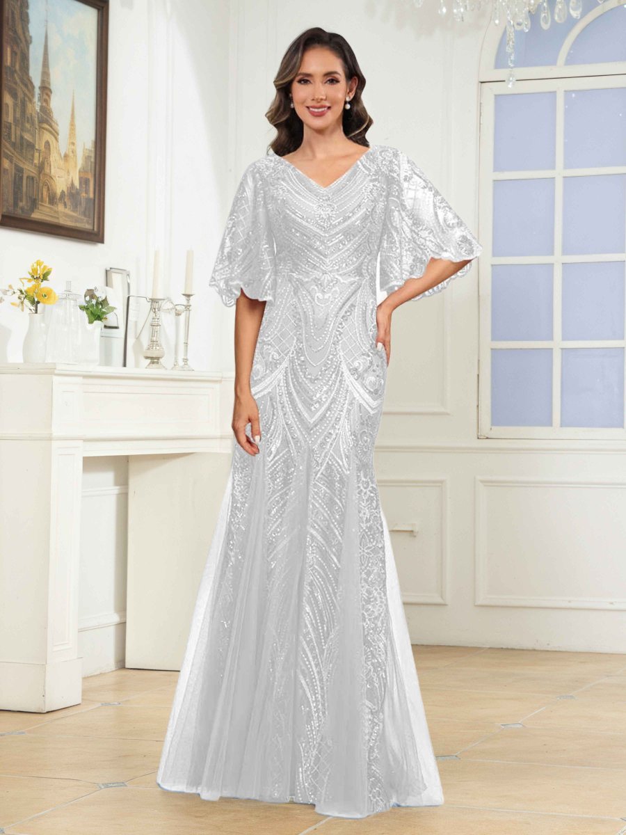 Robes Mère De La Mariée En Pailleté À Col V Manches Évasée Ilaria – Image 6