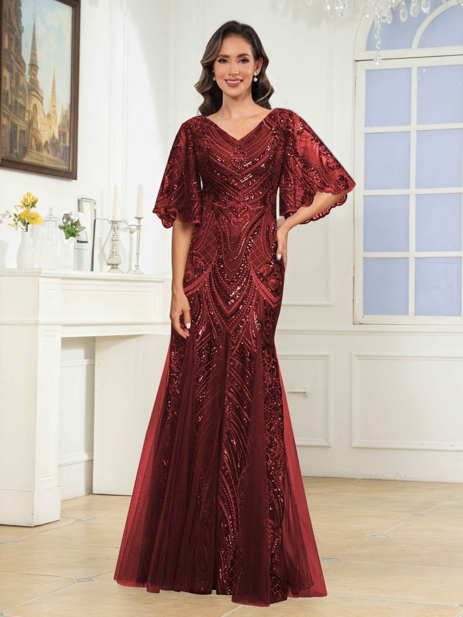 Robes Mère De La Mariée En Pailleté À Col V Manches Évasée Ilaria – Image 7