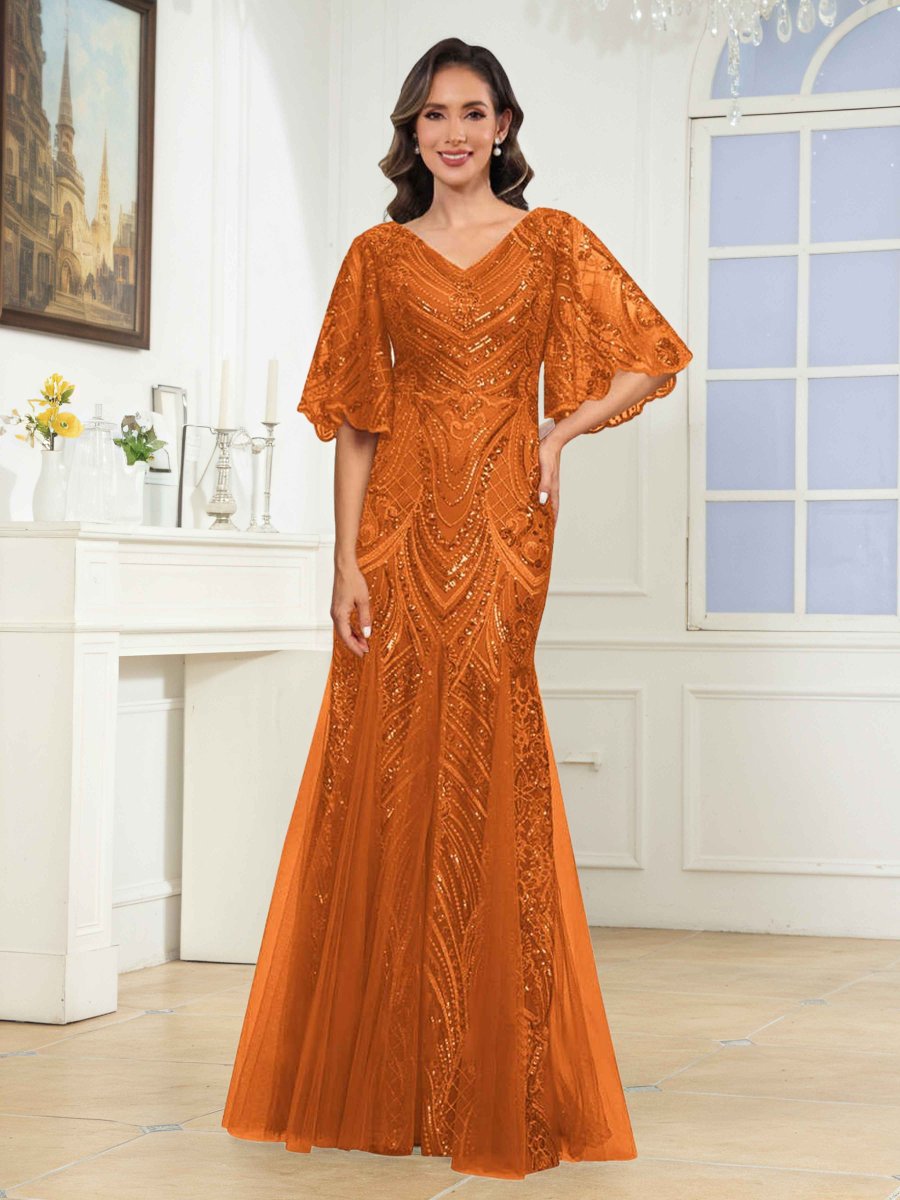 Robes Mère De La Mariée En Pailleté À Col V Manches Évasée Ilaria – Image 8