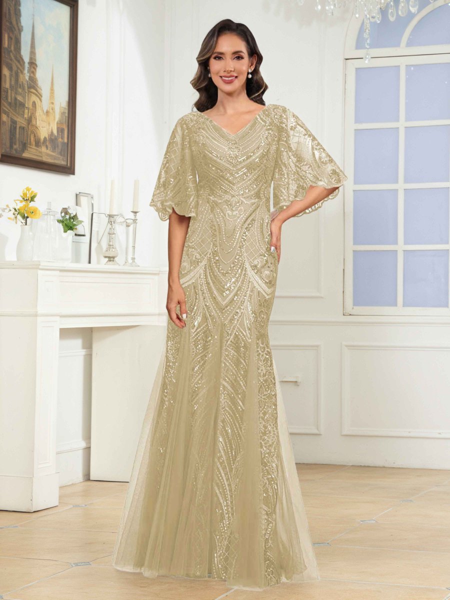 Robes Mère De La Mariée En Pailleté À Col V Manches Évasée Ilaria – Image 9