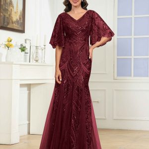 Robes Mère De La Mariée En Pailleté À Col V Manches Évasée Ilaria