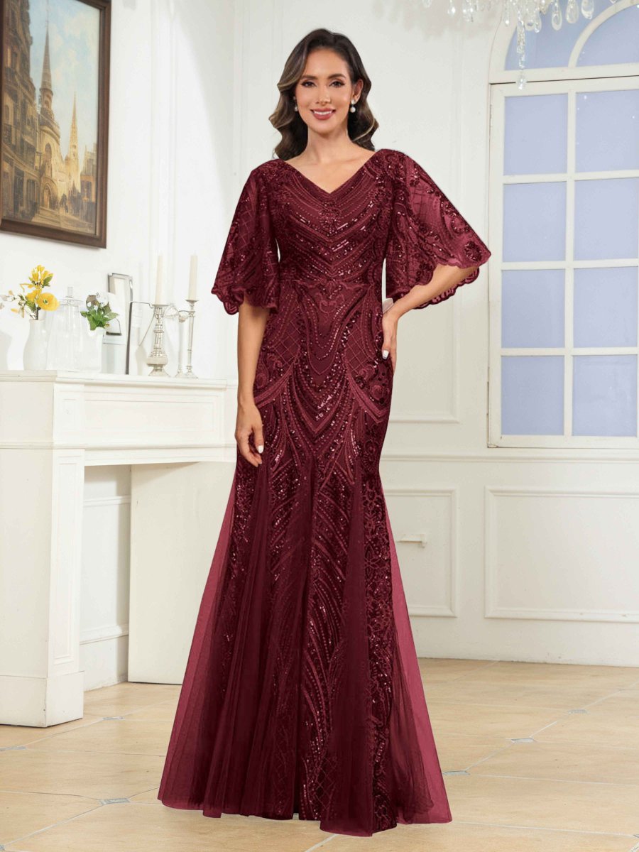 Robes Mère De La Mariée En Pailleté À Col V Manches Évasée Ilaria