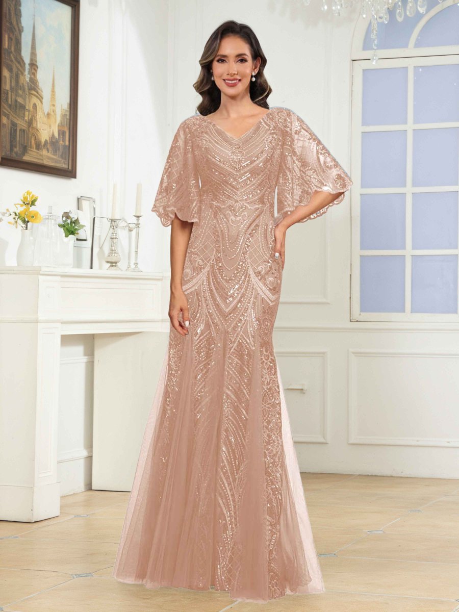 Robes Mère De La Mariée En Pailleté À Col V Manches Évasée Ilaria – Image 3