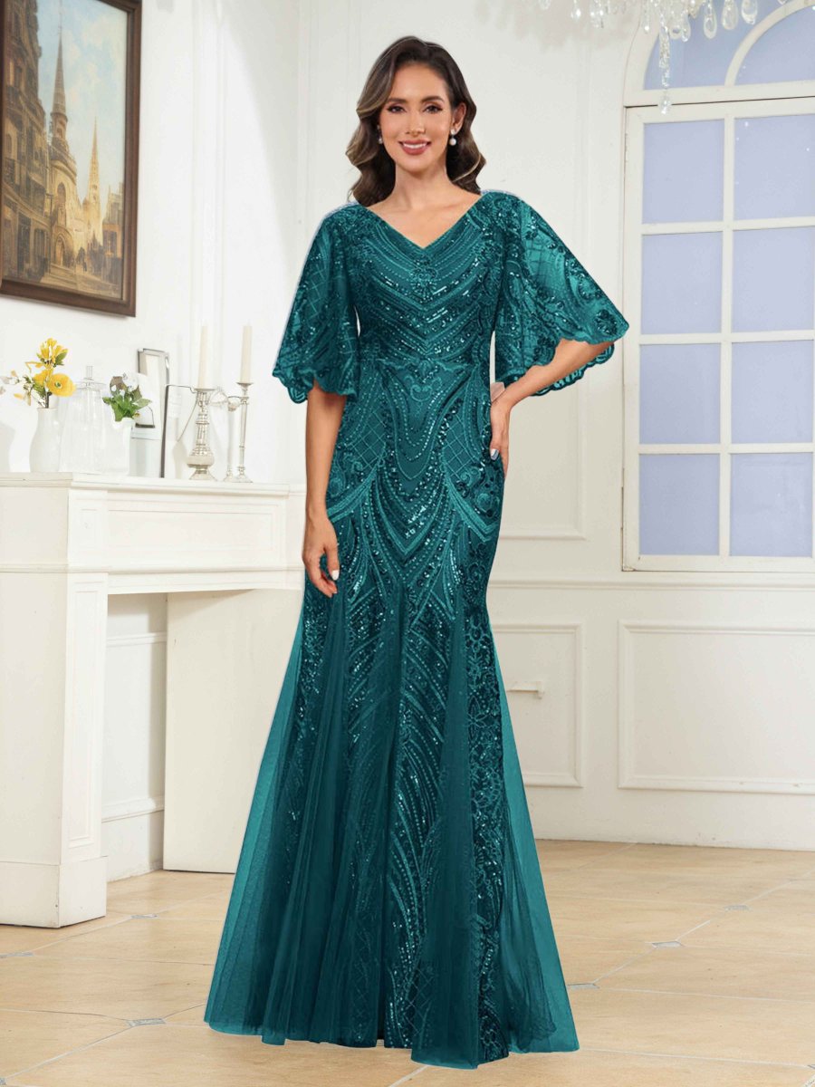 Robes Mère De La Mariée En Pailleté À Col V Manches Évasée Ilaria – Image 4