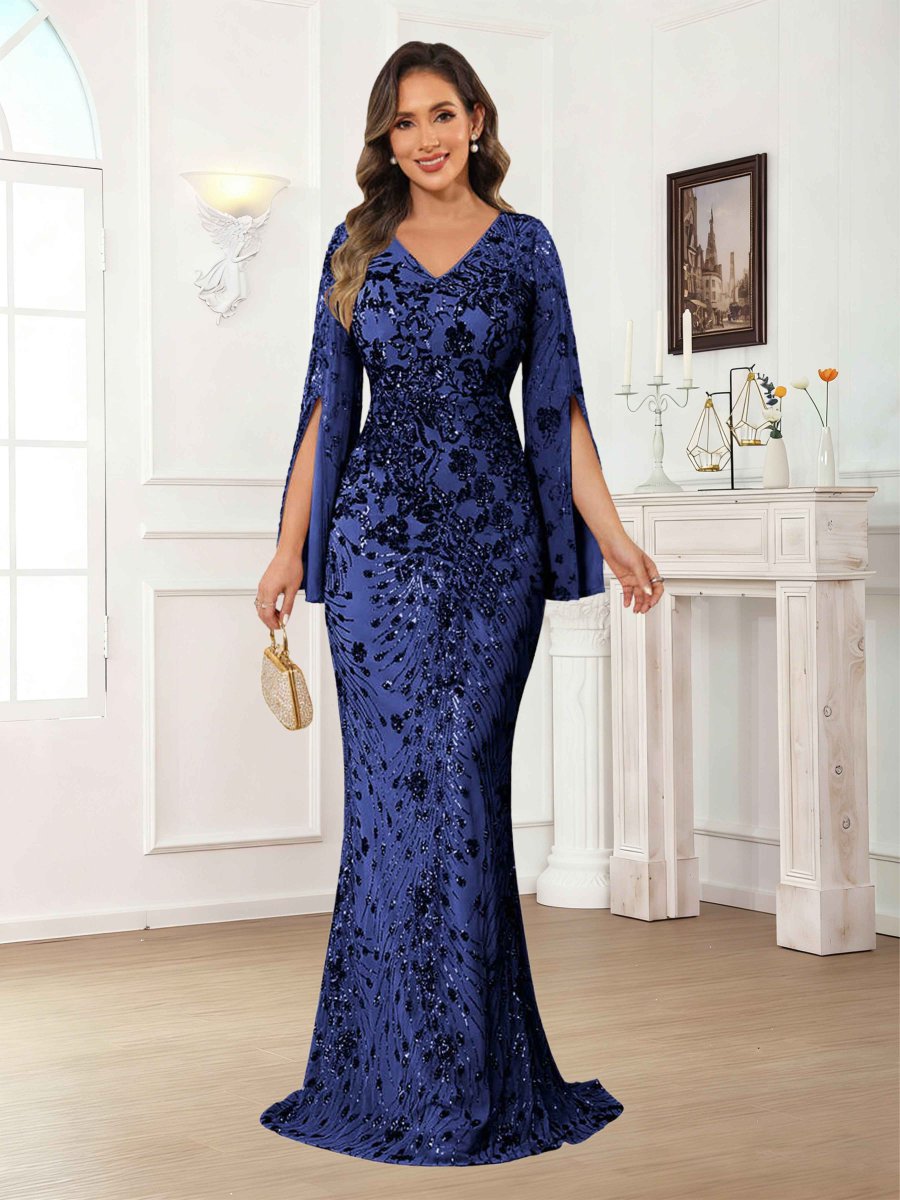 Robes Mère De La Mariée En Paillete À Col V Manches Longues Gaine Kraelwyn – Image 3