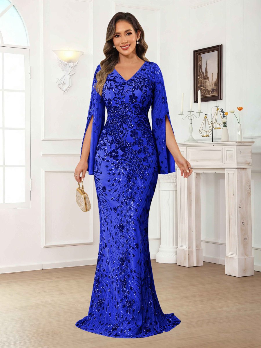 Robes Mère De La Mariée En Paillete À Col V Manches Longues Gaine Kraelwyn – Image 4