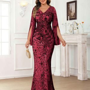 Robes Mère De La Mariée En Paillete À Col V Manches Longues Gaine Kraelwyn