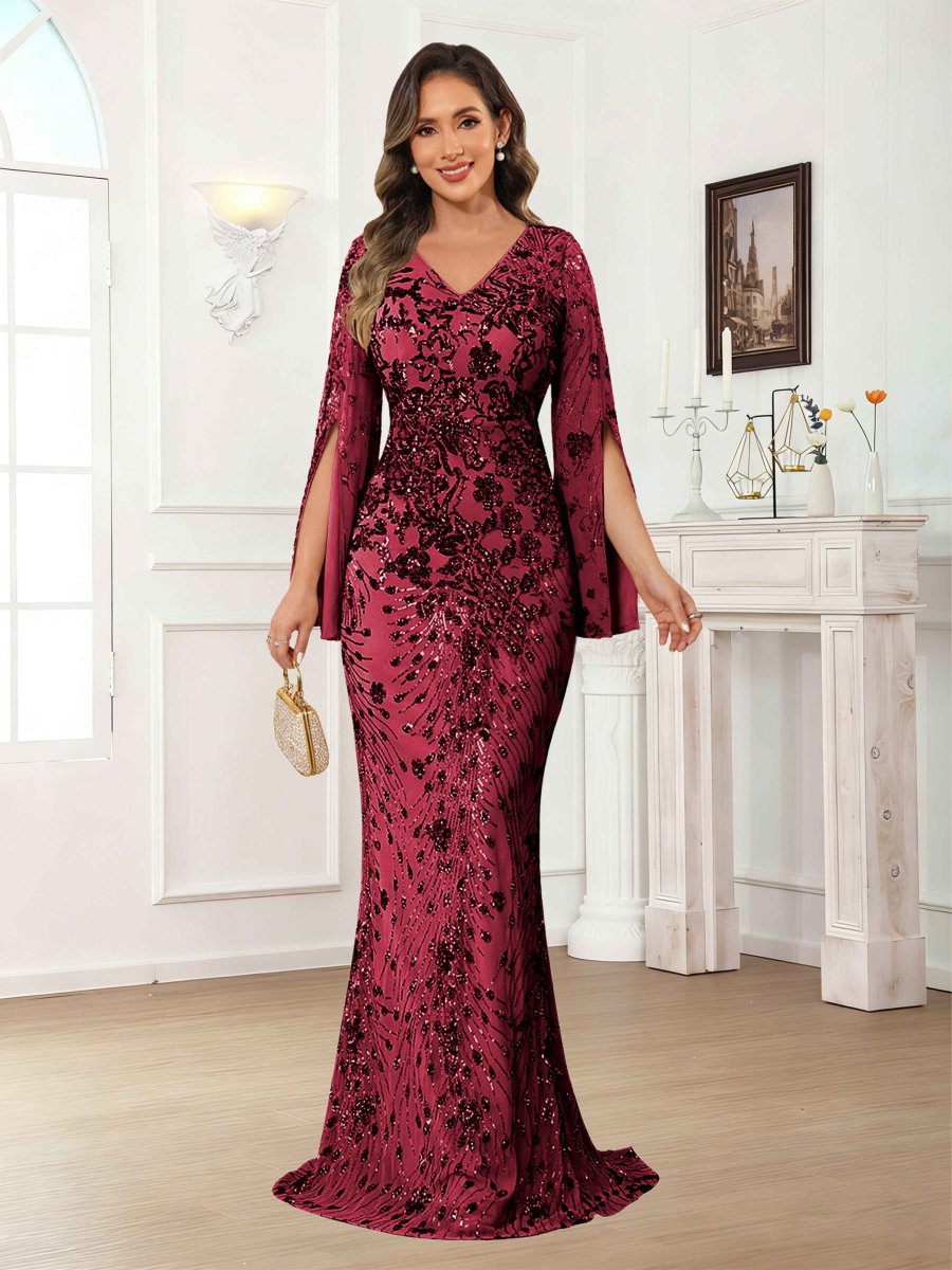 Robes Mère De La Mariée En Paillete À Col V Manches Longues Gaine Kraelwyn – Image 2