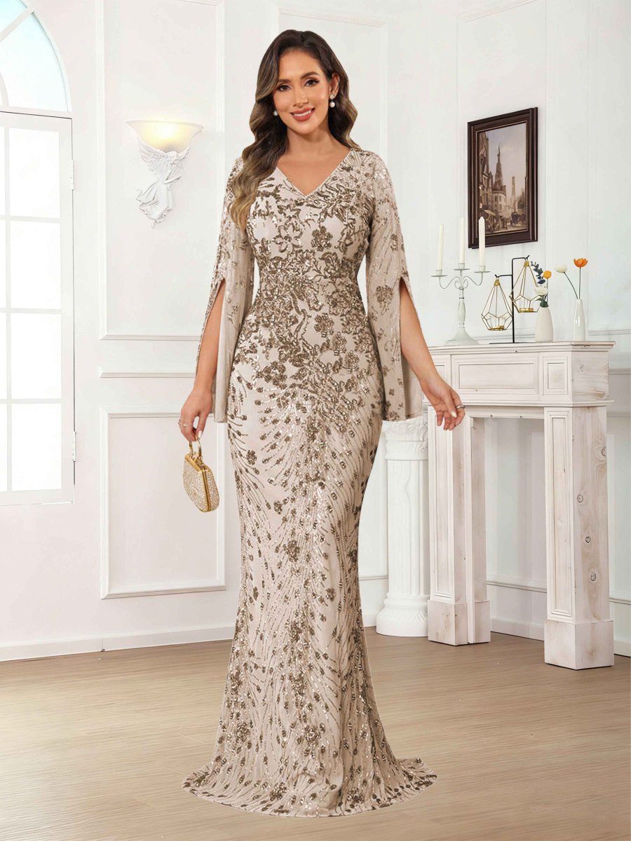 Robes Mère De La Mariée En Paillete À Col V Manches Longues Gaine Kraelwyn – Image 5