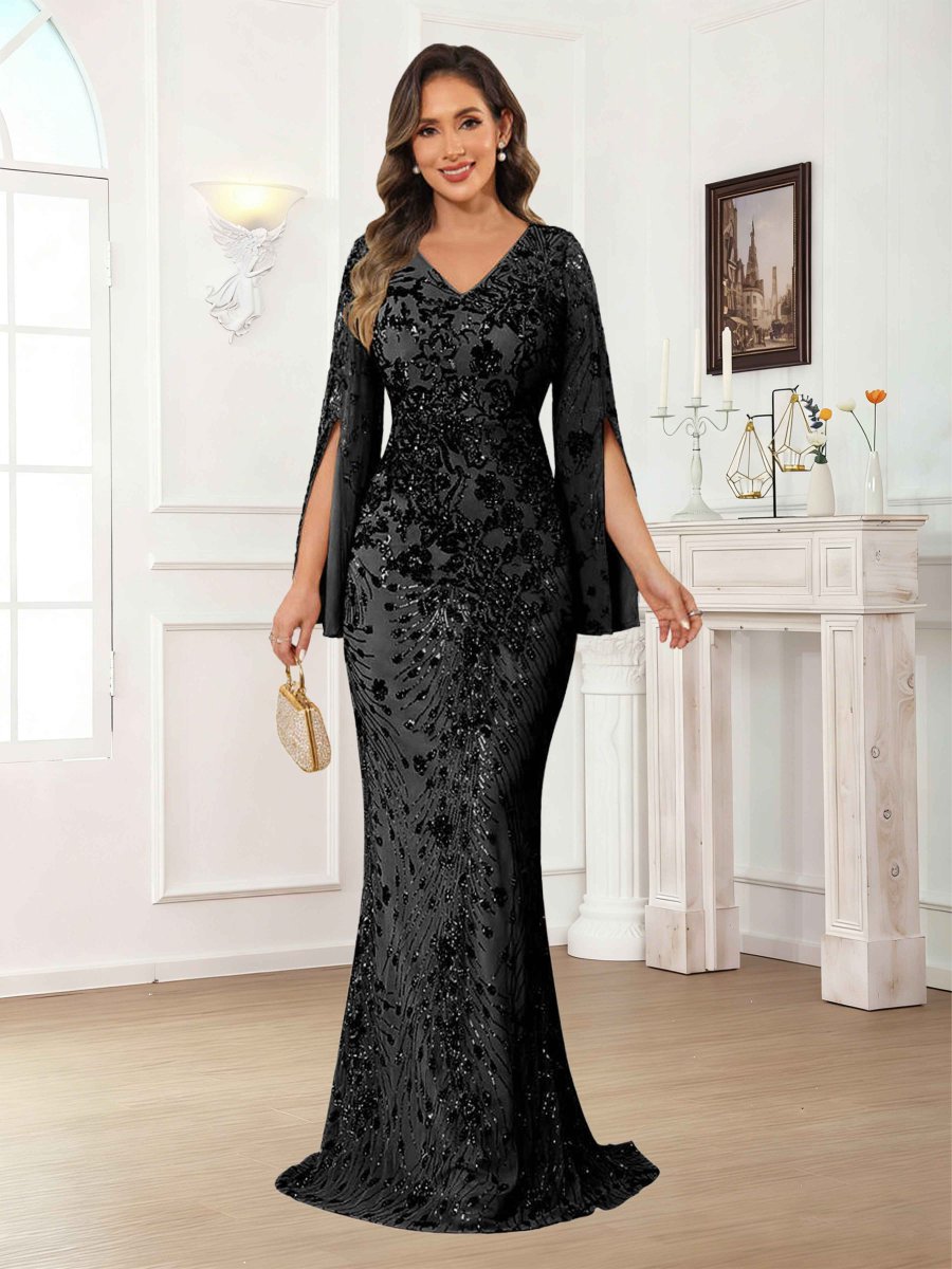 Robes Mère De La Mariée En Paillete À Col V Manches Longues Gaine Kraelwyn – Image 6