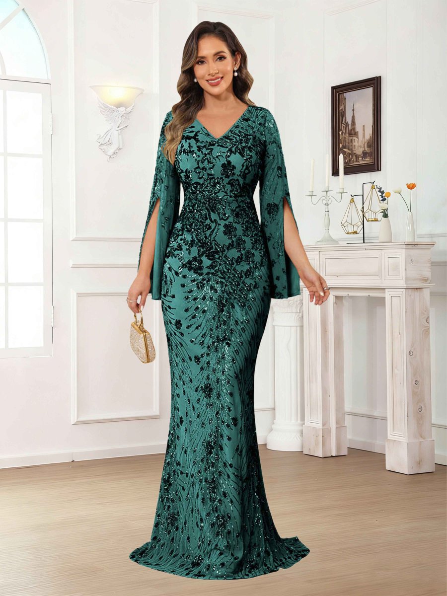 Robes Mère De La Mariée En Paillete À Col V Manches Longues Gaine Kraelwyn – Image 7