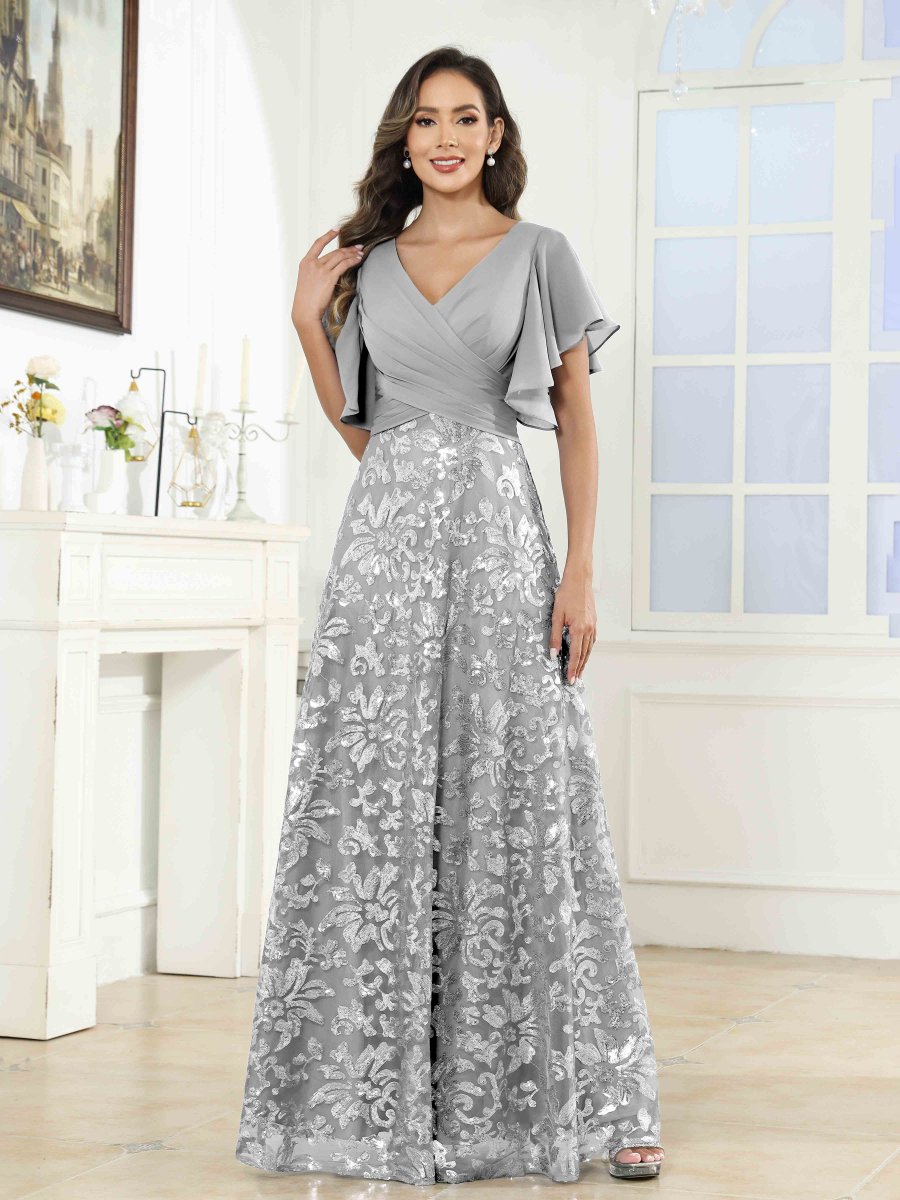 Robes Mère De La Mariée En Pailleté À Manches Courtes Ruché Elliot – Image 6