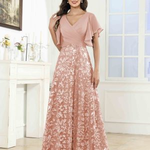 Robes Mère De La Mariée En Pailleté À Manches Courtes Ruché Elliot